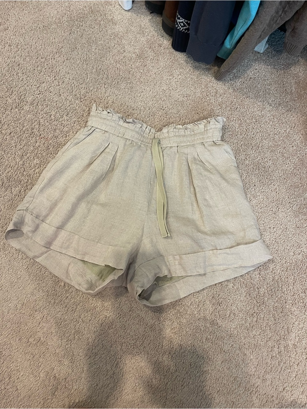 Cleobella High-Waist Paperbag Linen-Blend Shorts — Light Beige